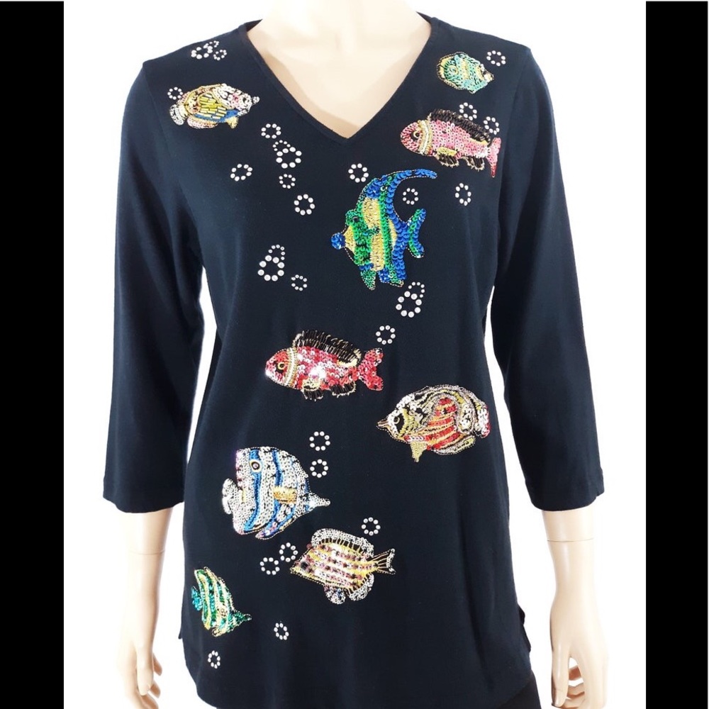 Vintage Quacker Factory Black Hand Beaded Tropical Fish Elbow Sleeve Blouse - Picture 2 of 16